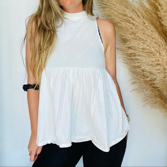 FP FREE PEOPLE White High Neck Open Back Babydoll Cupcake Tank Top Shirt S Tunic - Picture 1 of 9